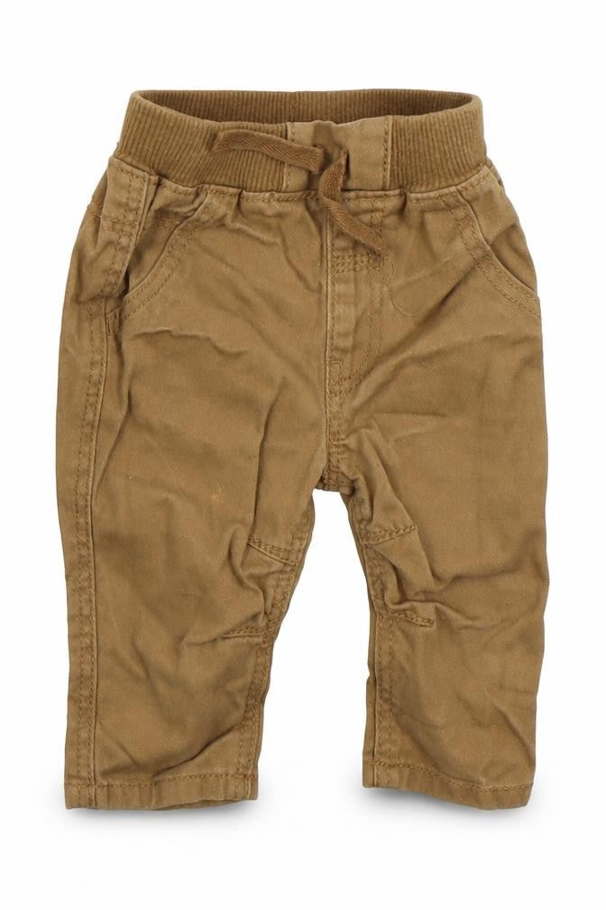 Front view of Georgr boys’ brown cotton capri jeans, size 0-3, months drawstring