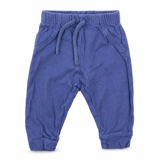 Front view of Mini Club boys’ blue cotton sweatpants, size 3-6, months drawstring