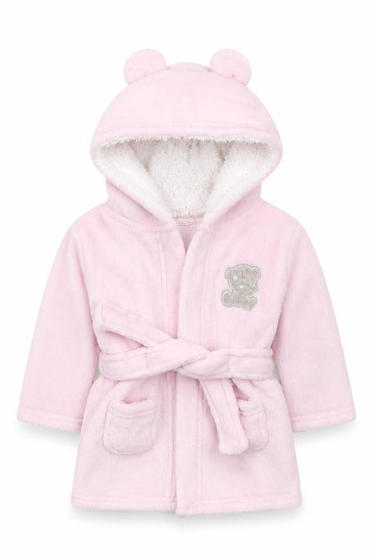 Front view of CBG girls’ pink solid polyester kimono robe, size 9-12, months tie - tatty teddy