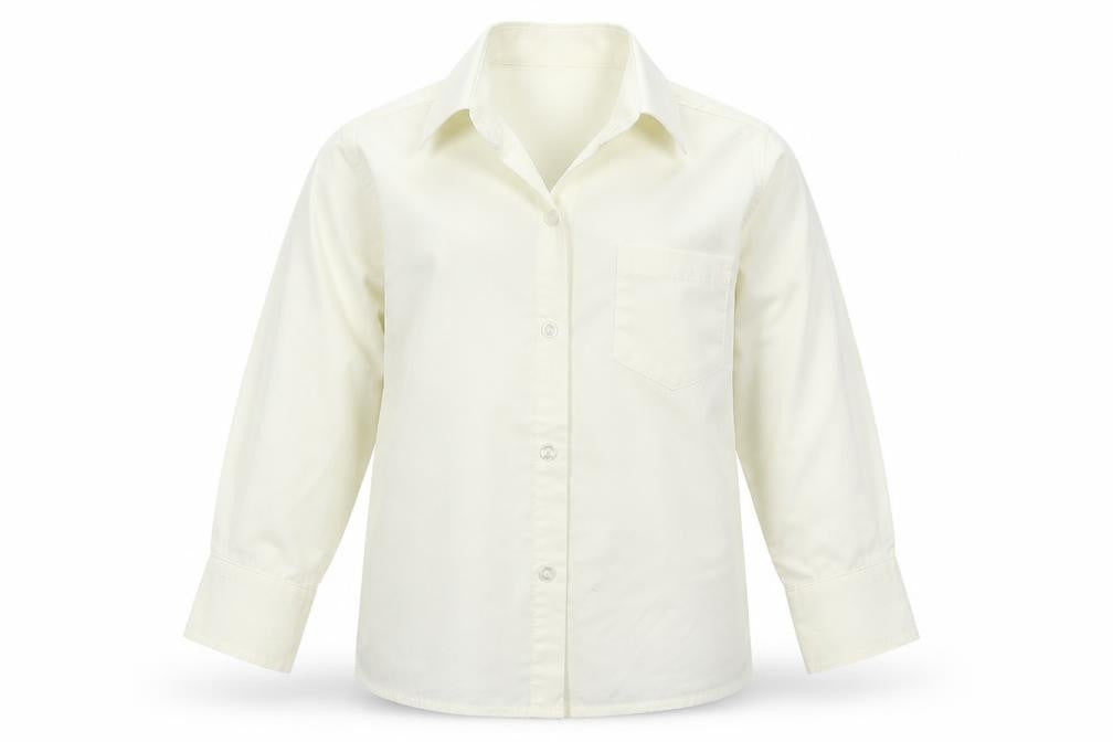 Front view of Flamingo boys’ ivory polyester basic button-up, size 2-3, years collared button