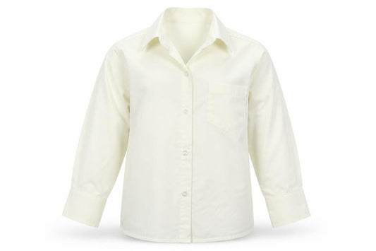 Front view of Flamingo boys’ ivory polyester basic button-up, size 2-3, years collared button