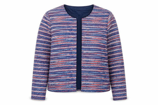 Front view of Anne De Lancay women’s blue geometric jacket, size S