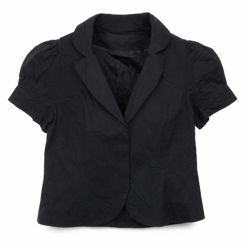 Front view of Warehouse women’s black jacket, size UK 12, button