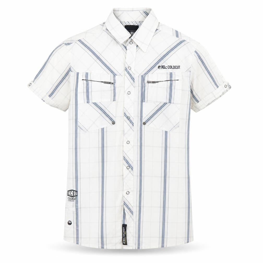 Front view of Coldcut men’s white plaid cotton button-up, size S, collared snap