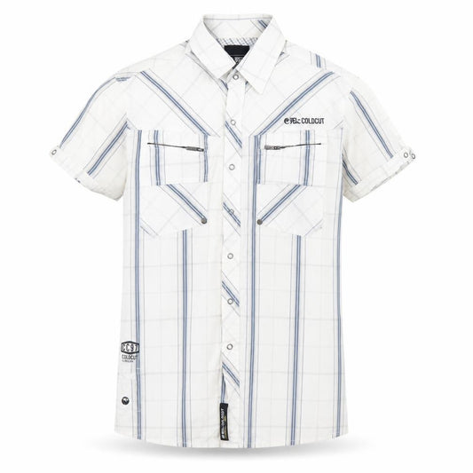 Front view of Coldcut men’s white plaid cotton button-up, size S, collared snap