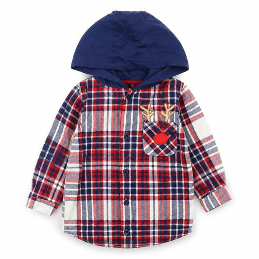 Front view of Dunnes boys’ multicoloured plaid cotton basic button-up, months round neck button - rudolph christmas