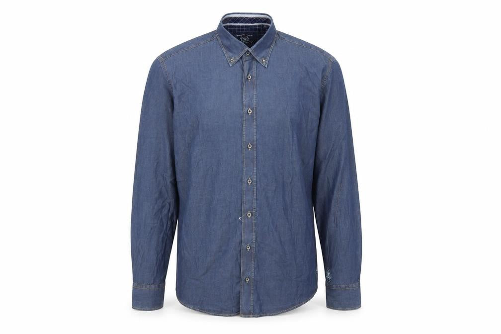 Front view of CASAMODA men’s blue cotton button-up, size L, collared buckle