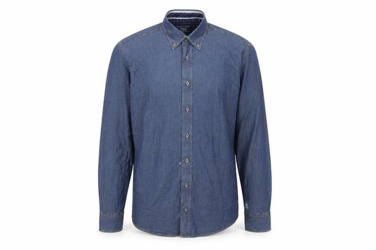 Front view of CASAMODA men’s blue cotton button-up, size L, collared buckle