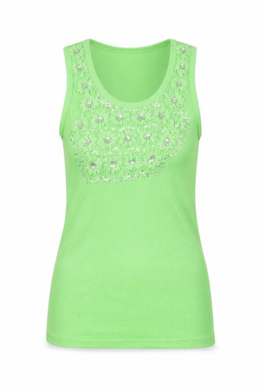 Front view of More&Negri women’s green cotton basic tank, size S, round neck