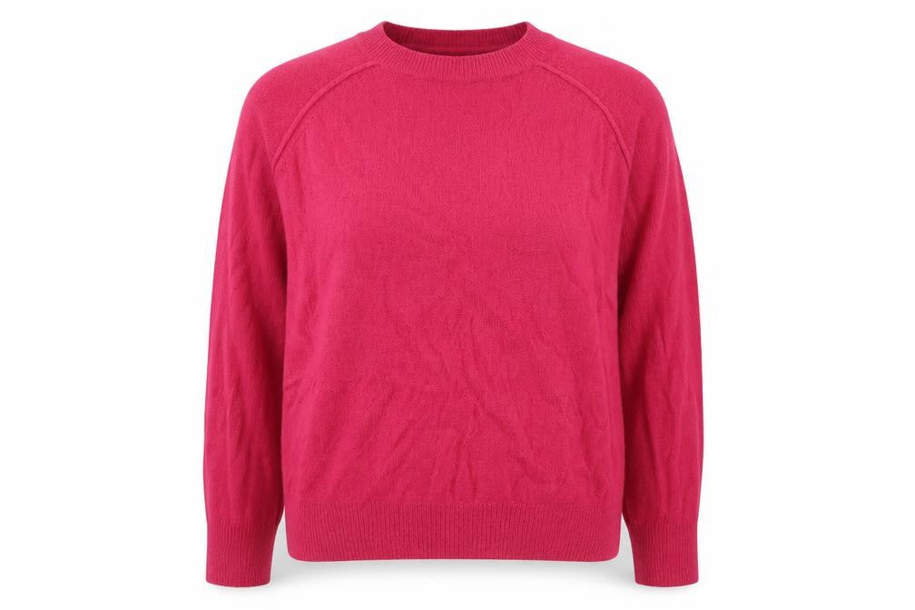 Front view of Topshop women’s pink round neck acrylic jumper, size UK 14