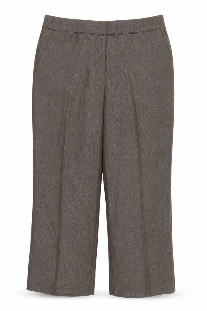 Front view of Next women’s brown polyester cropped trousers, size UK 12, 24-inch leg regular zip