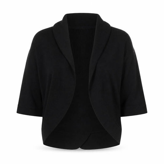 Front view of Principles women’s black v-neck acrylic shrug jumper, size UK 10