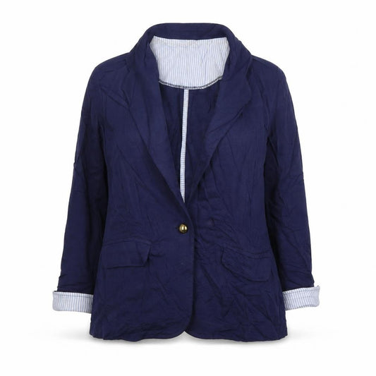 Front view of Internacionale women’s blue jacket blazer, size UK 14, button