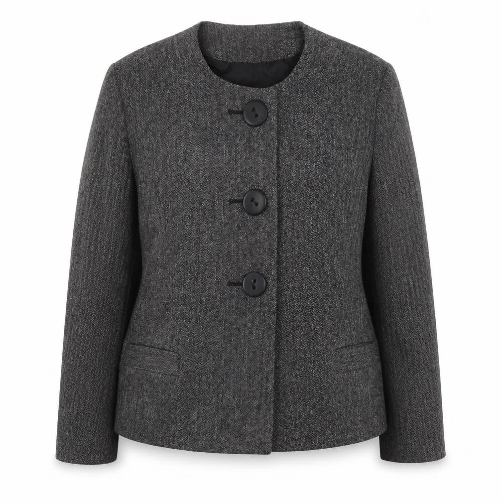 Front view of M&Co women’s grey jacket coat, size UK 16, button