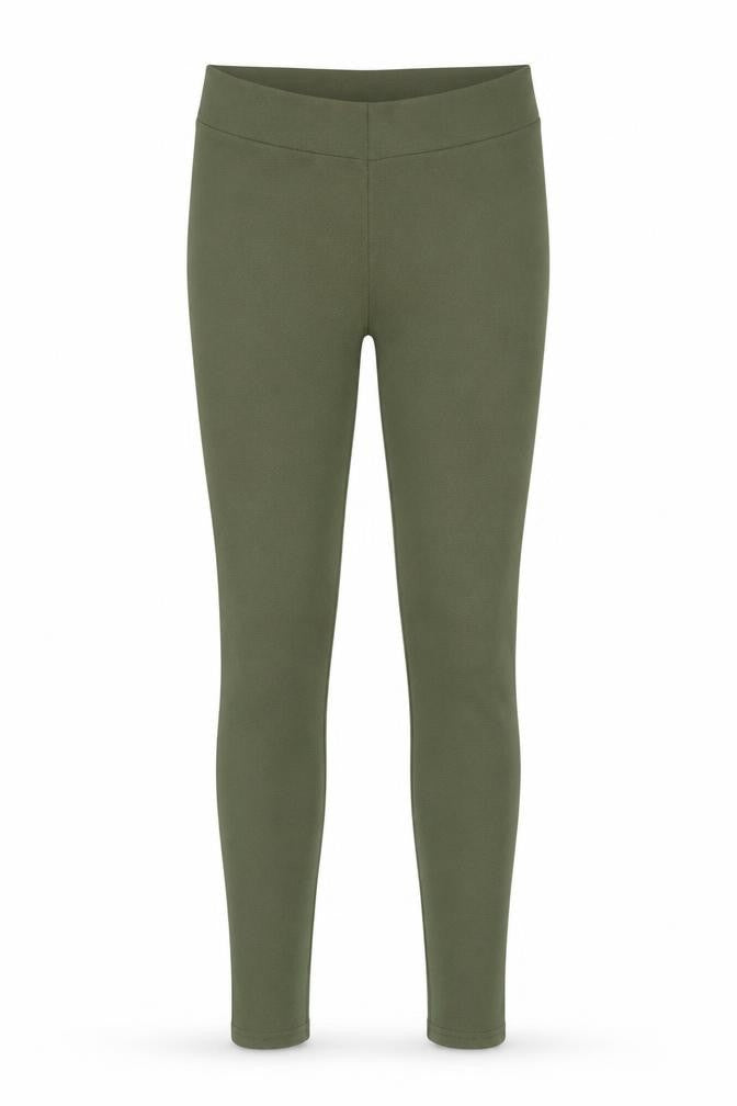 Front view of PRETTYLITTLETHING women’s green polyester jegging trousers, size UK 10, 27-inch leg regular