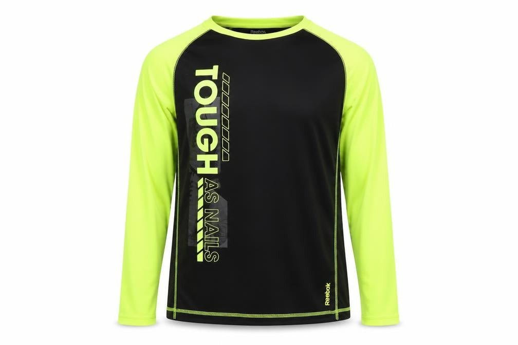 Front view of Reebok boys’ black polyester basic t-shirt, size L, round neck