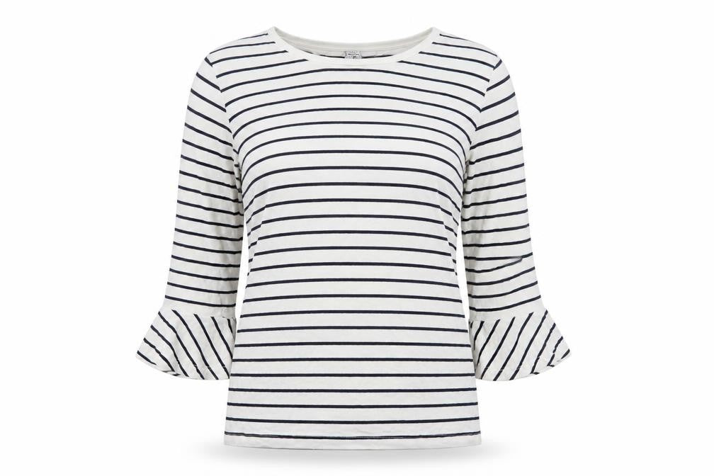 Front view of Blooming Marvellous women’s white striped viscose basic t-shirt, size M, round neck