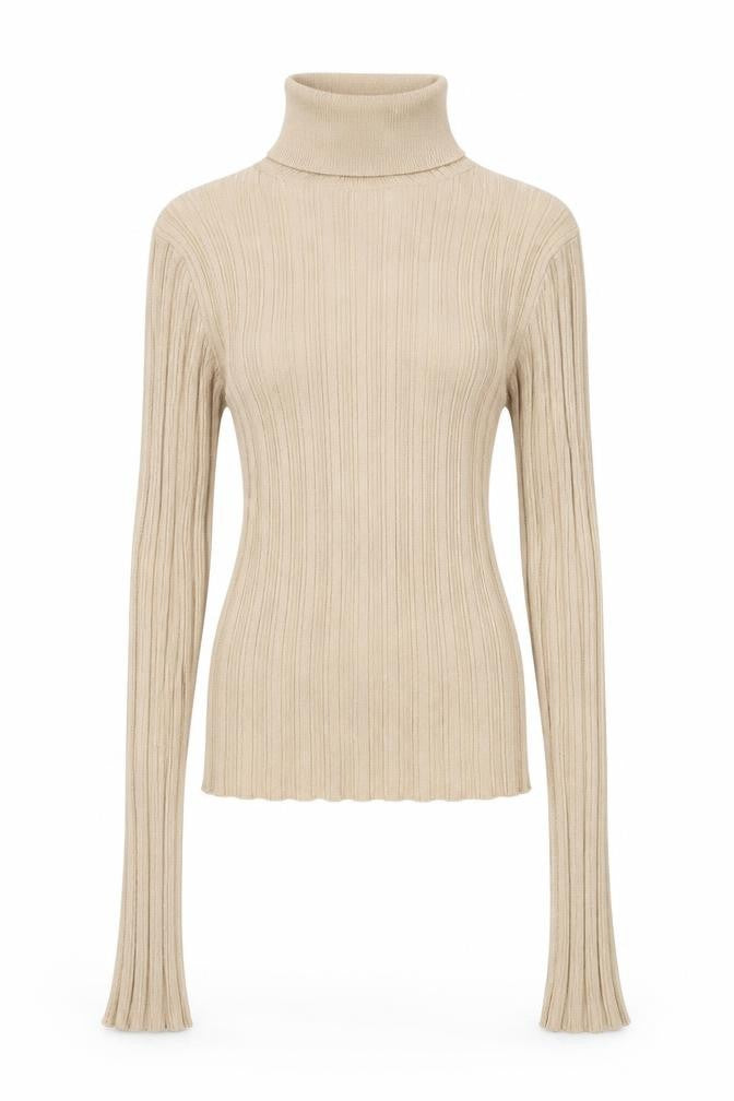 Front view of ASOS women’s beige roll neck polyester jumper, size UK 4