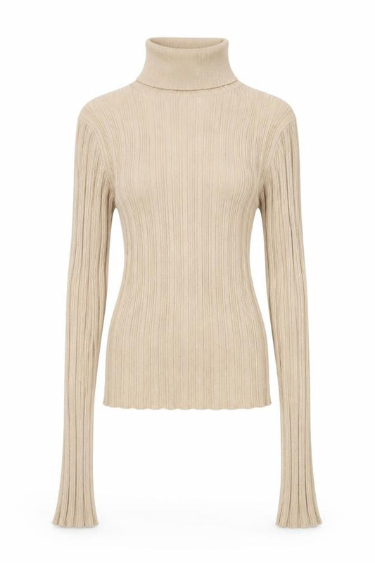 Front view of ASOS women’s beige roll neck polyester jumper, size UK 4
