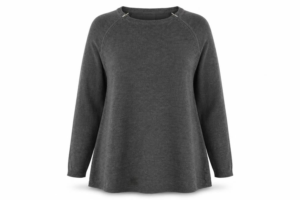 Front view of Marks & Spencer women’s grey round neck acrylic jumper, size UK 12