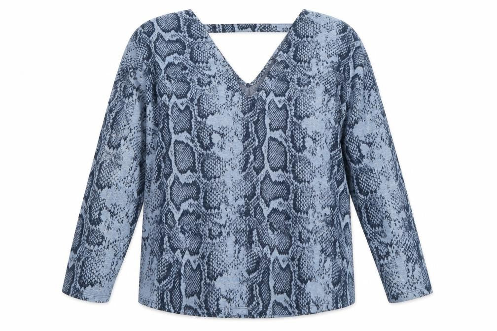 Front view of Next women’s blue v-neck animal print polyester jumper, size UK 12