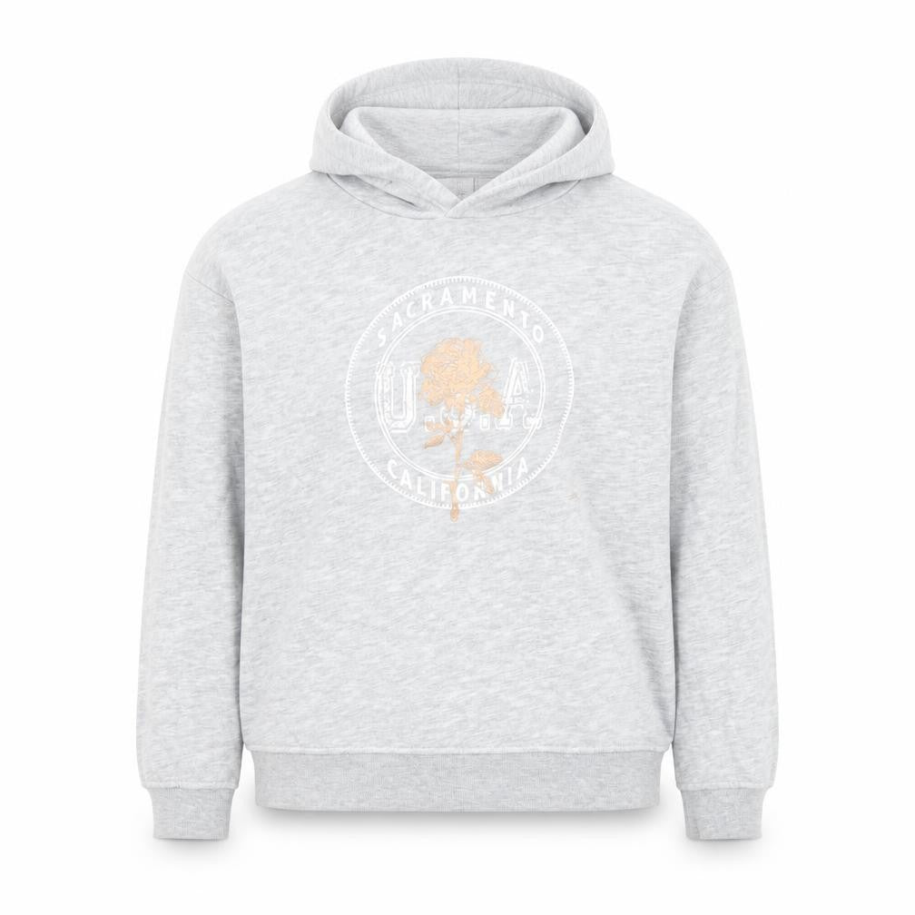 Front view of Primark girls’ grey cotton pullover hoodie, size 10-11, years pullover - california