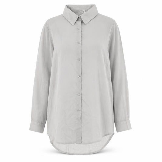 Front view of Fashion Apparel women’s grey polyester basic button-up, size M, collared