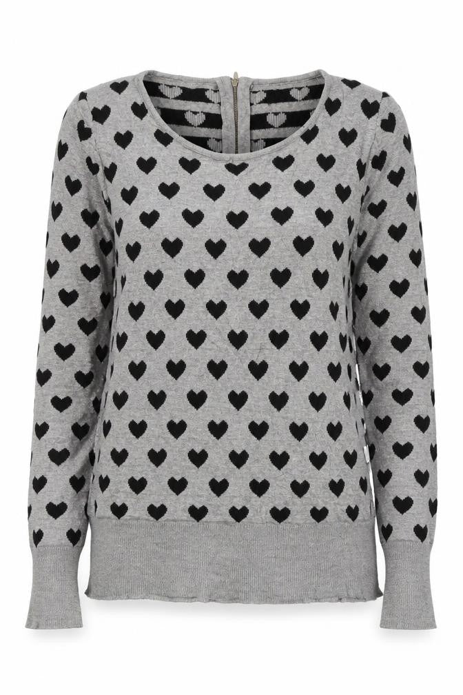 Front view of Millenium women’s grey round neck geometric viscose jumper, size S