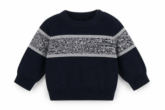 Front view of Mini Rebel boys’ blue geometric cotton jumper, size 0-3, months