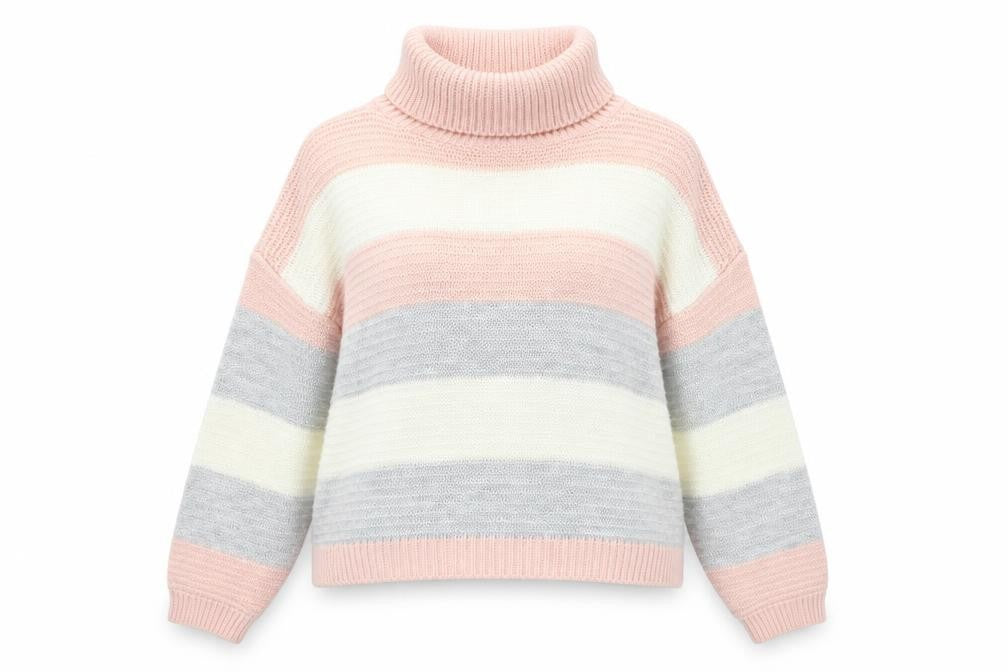 Front view of Quiz women’s multicoloured roll neck striped acrylic jumper, size M