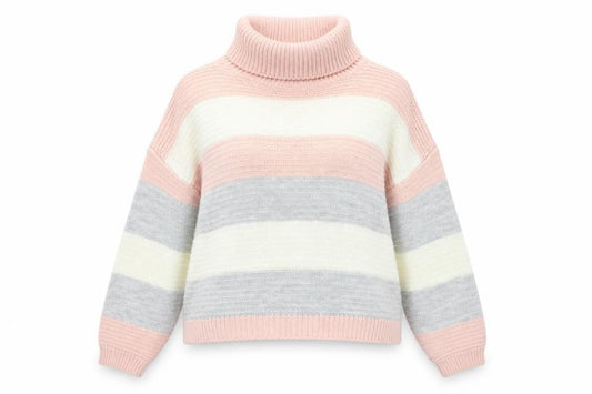 Front view of Quiz women’s multicoloured roll neck striped acrylic jumper, size M