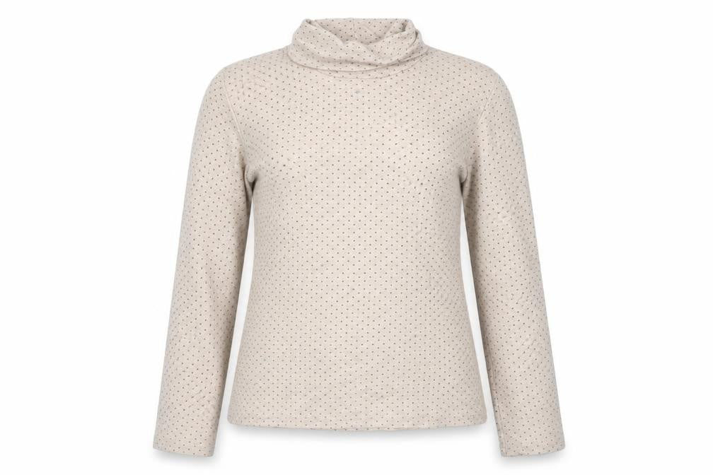 Front view of Topvalu women’s beige roll neck polka dot polyester jumper, size M