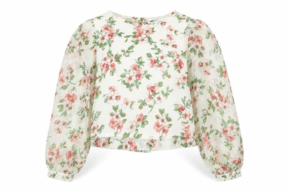 Front view of Angel Eye women’s white floral polyester basic blouse, size S, round neck