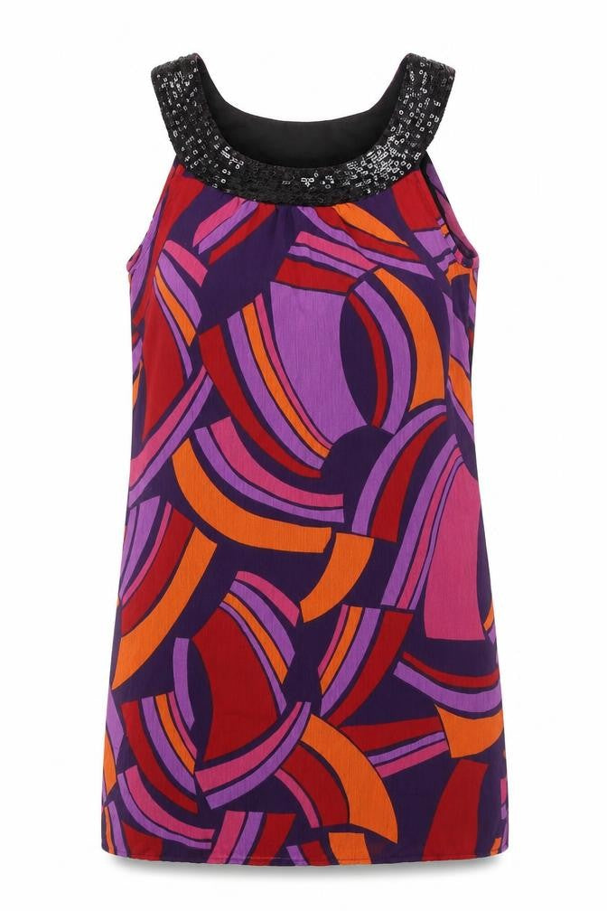 Front view of Bay women’s multicoloured geometric polyester sheath, size UK 8, round neck