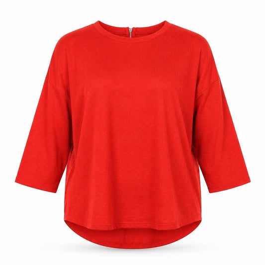 Front view of Primark women’s red round neck polyester jumper, size UK 12