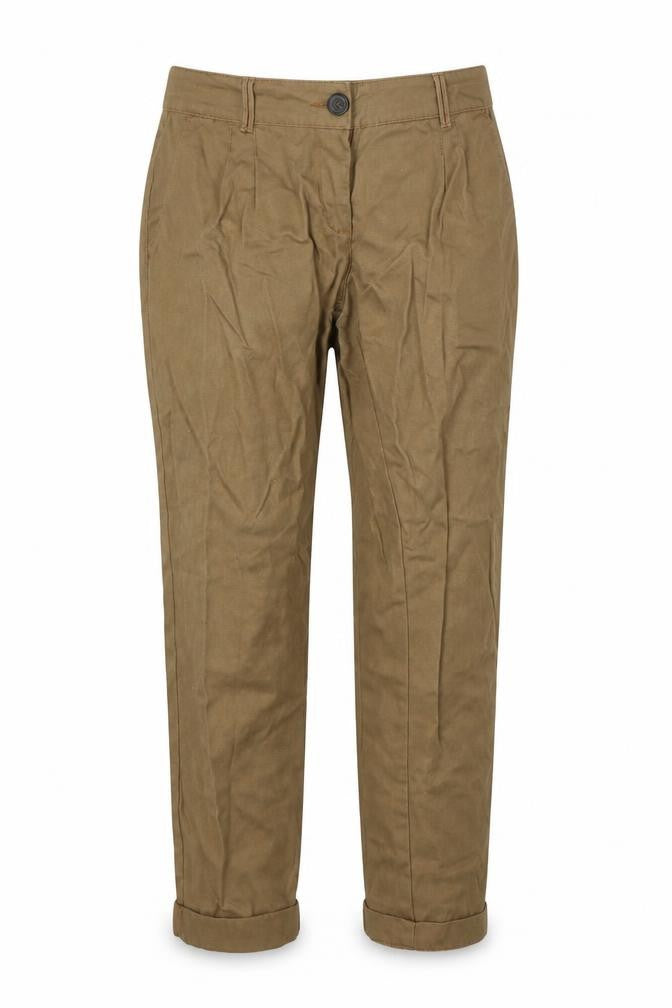 Front view of River Island women’s brown cotton trousers, size UK 12, 25-inch leg regular