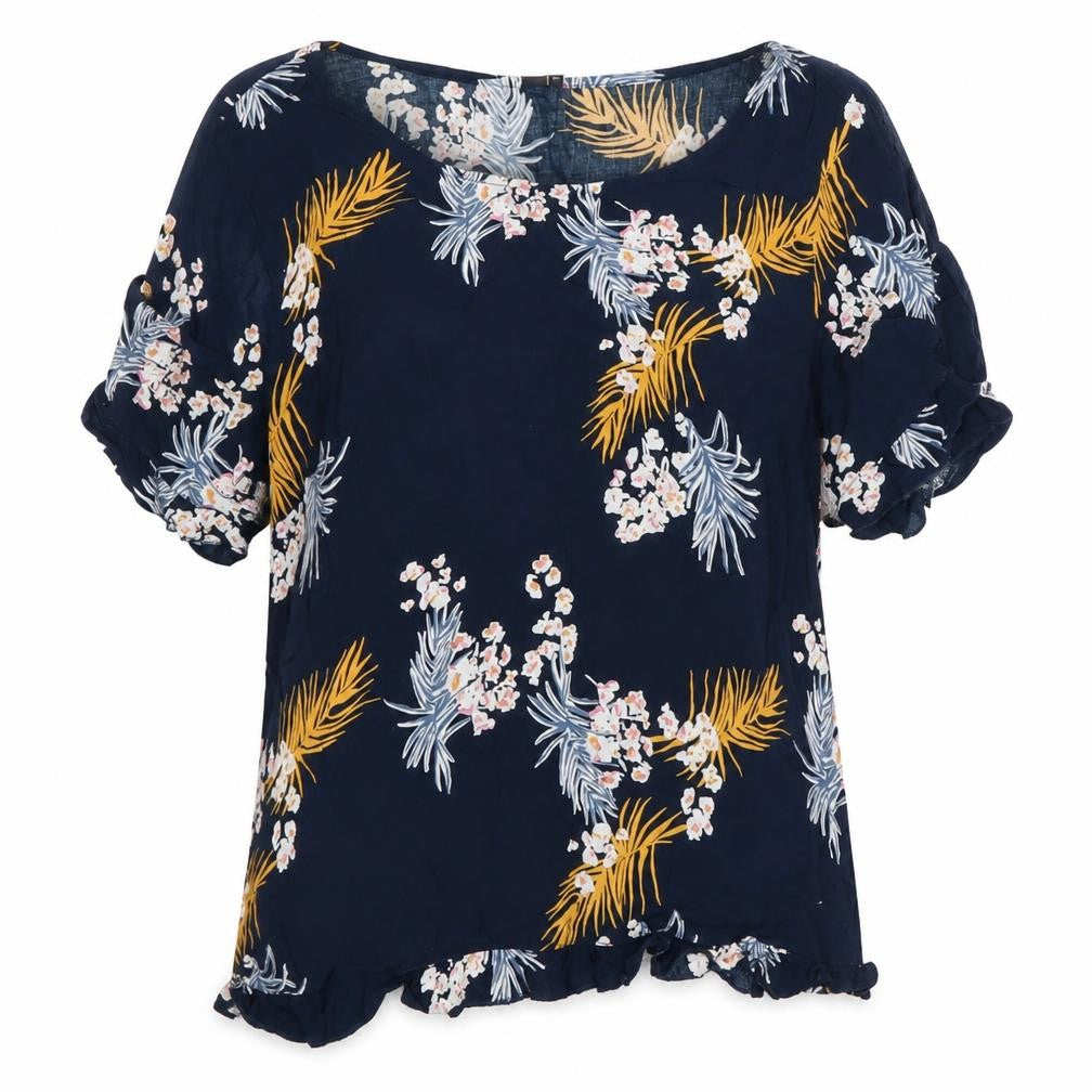 Front view of ICHI women’s blue floral polyester basic blouse, size UK 12, scoop neck