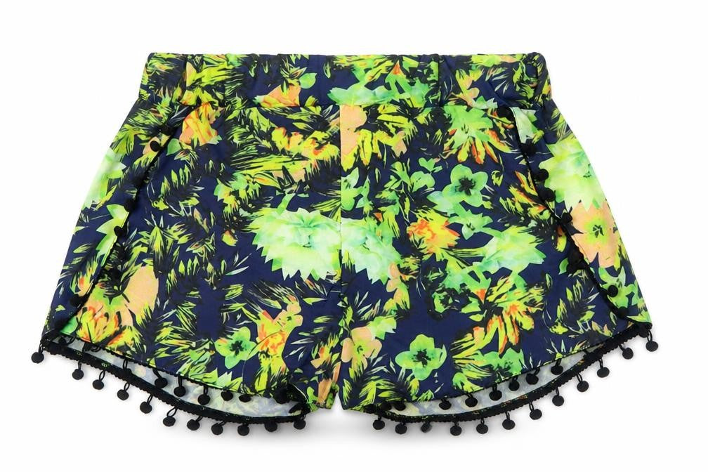 Front view of Preworn women’s multicoloured polyester hot pants shorts, size M, regular