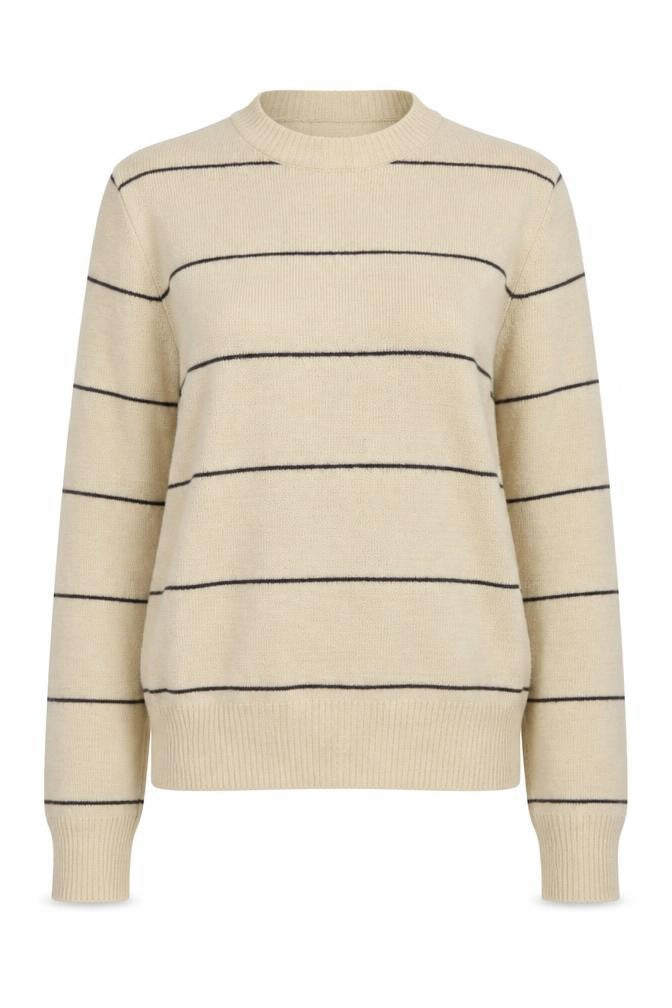Front view of C&A women’s beige striped polyester jumper, size UK 12