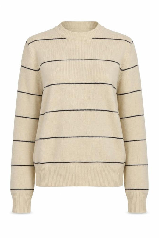 Front view of C&A women’s beige striped polyester jumper, size UK 12