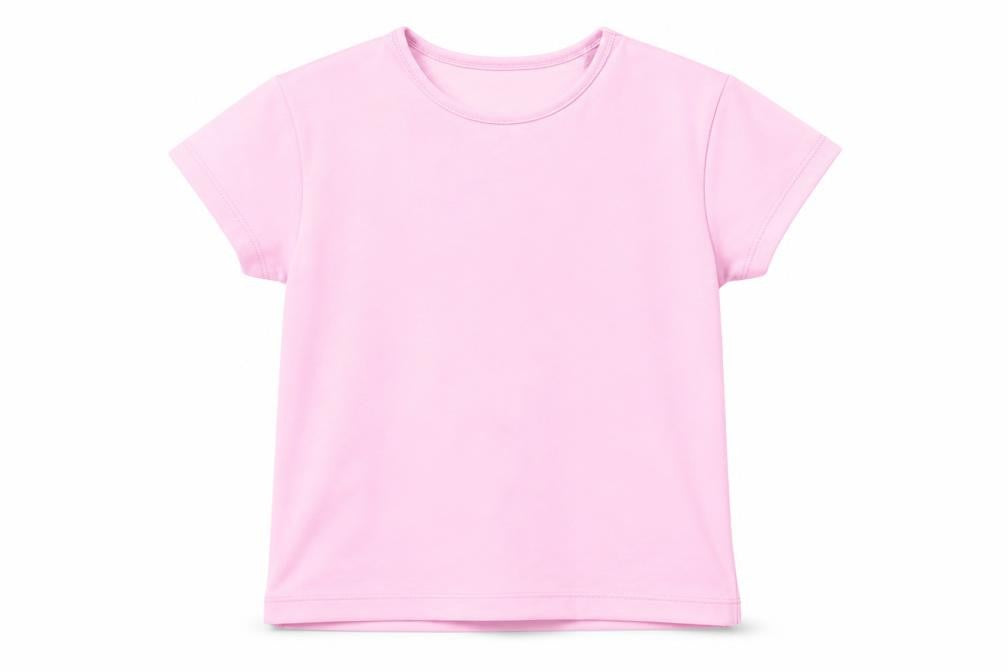 Front view of Dunnes girls’ pink polyester basic t-shirt, size 8-9, years round neck
