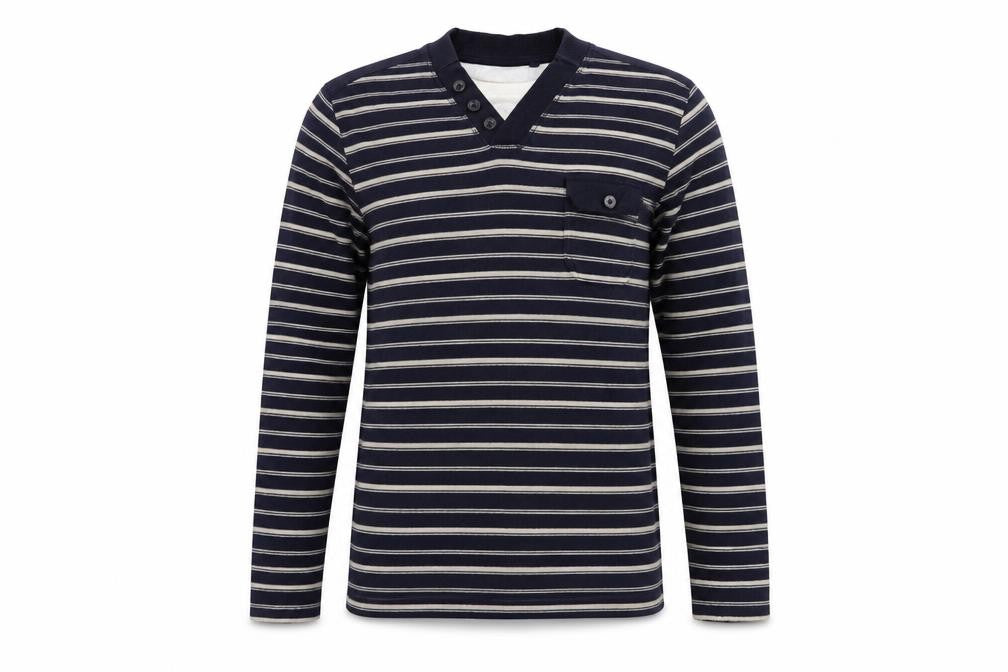 Front view of BHS men’s blue v-neck striped cotton jumper, size L