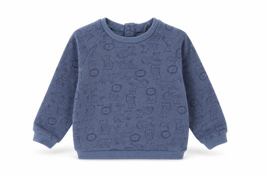 Front view of Matalan Baby Blue Geometric Cotton jumper, size 12-18, Months Snap - Wild Cats Print