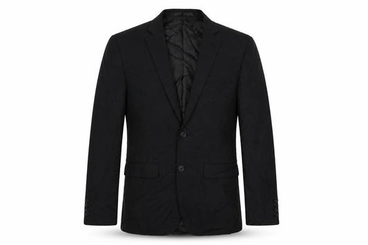Front view of Cedarwood State men’s black jacket blazer, size 38, button