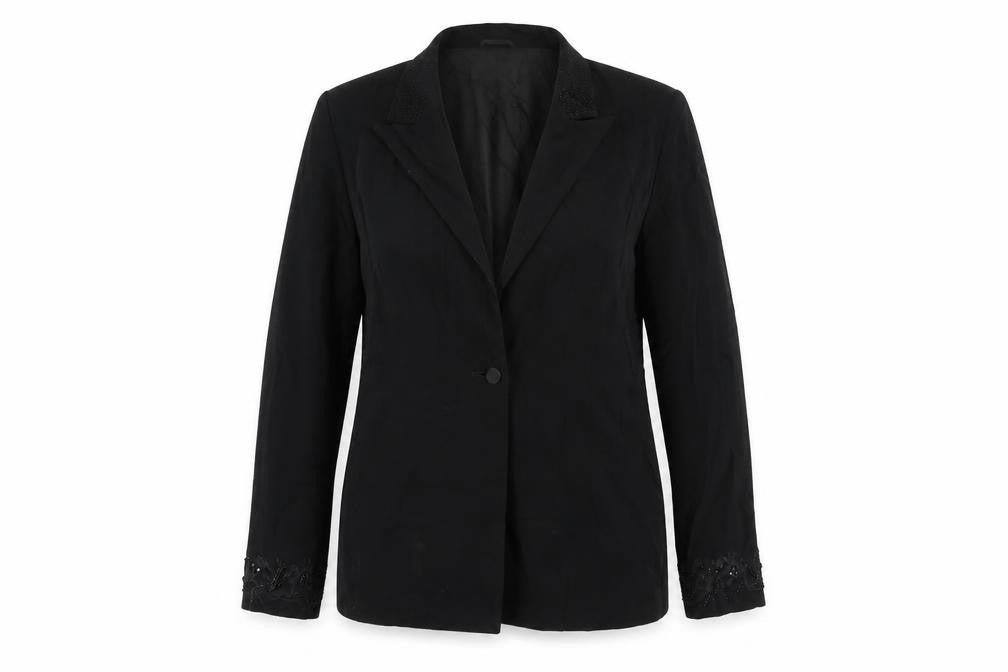 Front view of Mosaic women’s black jacket blazer, size UK 16, button