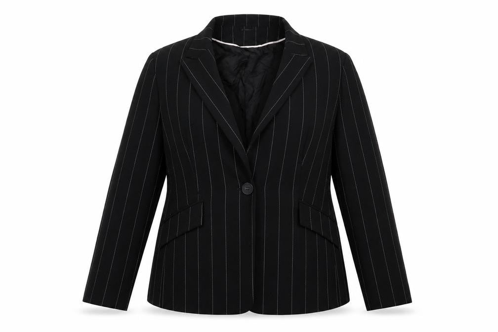 Front view of Vie de Mode women’s black striped jacket blazer, size UK 18, button