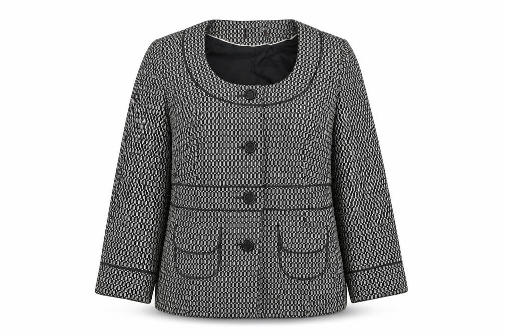 Front view of Preworn women’s black geometric jacket blazer, size UK 14, button