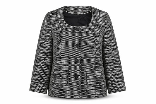 Front view of Preworn women’s black geometric jacket blazer, size UK 14, button