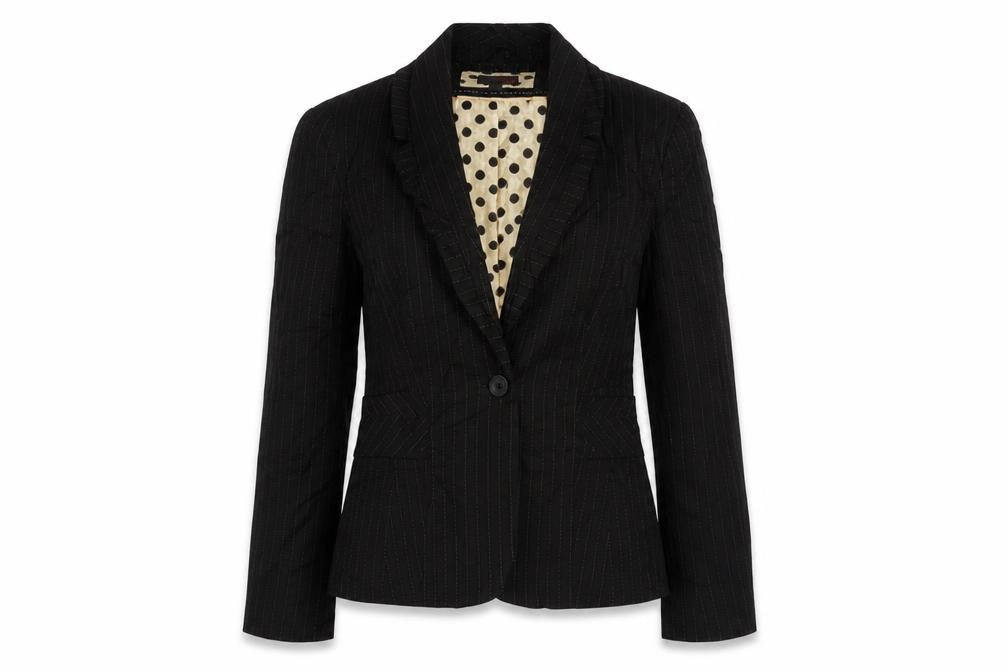 Front view of Next women’s black striped jacket blazer, size UK 12, button