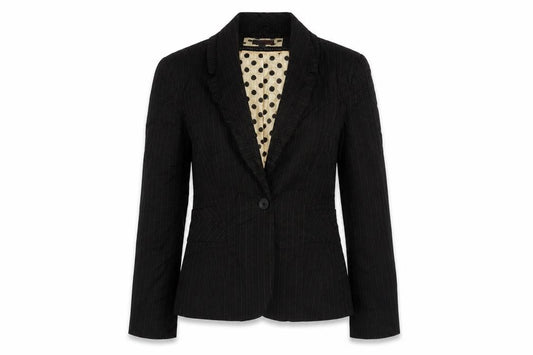 Front view of Next women’s black striped jacket blazer, size UK 12, button